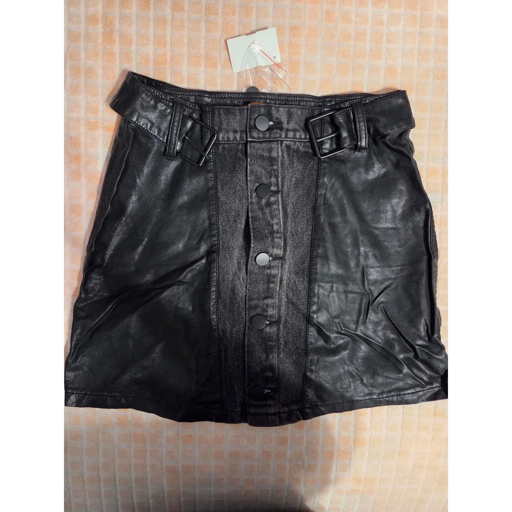 Signature 8‎ Faux Leather Denim Skirt Women Size M Black Moto Grunge Goth Mini